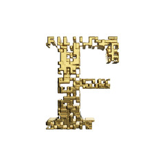 Alphabet letter F uppercase. Golden font made of yellow metallic shapes. 3D render isolated on white background.