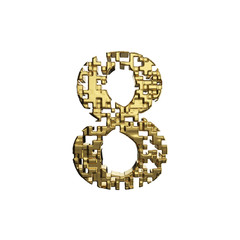 Alphabet number 8. Golden font made of yellow metallic shapes. 3D render isolated on white background.