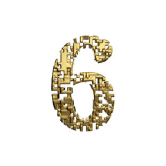 Alphabet number 6. Golden font made of yellow metallic shapes. 3D render isolated on white background.