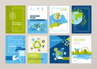 Set of brochure and annual report cover design templates of nature, green technology, renewable energy, sustainable development, environment. Vector illustrations for flyer layout, marketing material. - obrazy, fototapety, plakaty