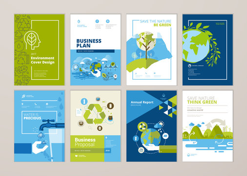 Set of brochure and annual report cover design templates of nature, green technology, renewable energy, sustainable development, environment. Vector illustrations for flyer layout, marketing material.