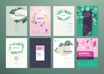 Set of natural product brochure, annual report, flyer design templates in A4 size. Vector illustrations for beauty, organic products and cosmetics presentation.