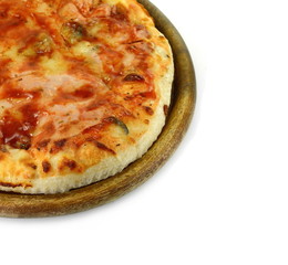 pizza on a wooden board isolated on white background.