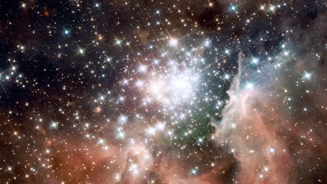 Milky way nebula with stars cluster burst seamless rotation, 3D animation with moving stars rotating stars field and light flares explosions. Contains public domain image by NASA