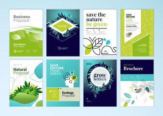 Set of brochure and annual report cover design templates on the subject of nature, environment and organic products. Vector illustrations for flyer layout, marketing material, magazines, presentations - obrazy, fototapety, plakaty