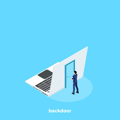 a door on the back of the laptop and a man in a business suit, an isometric image