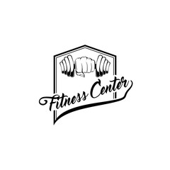Dumbbell. Fitness center logo label. Dumbbells in fist, hand. Sport symbol. Vector.