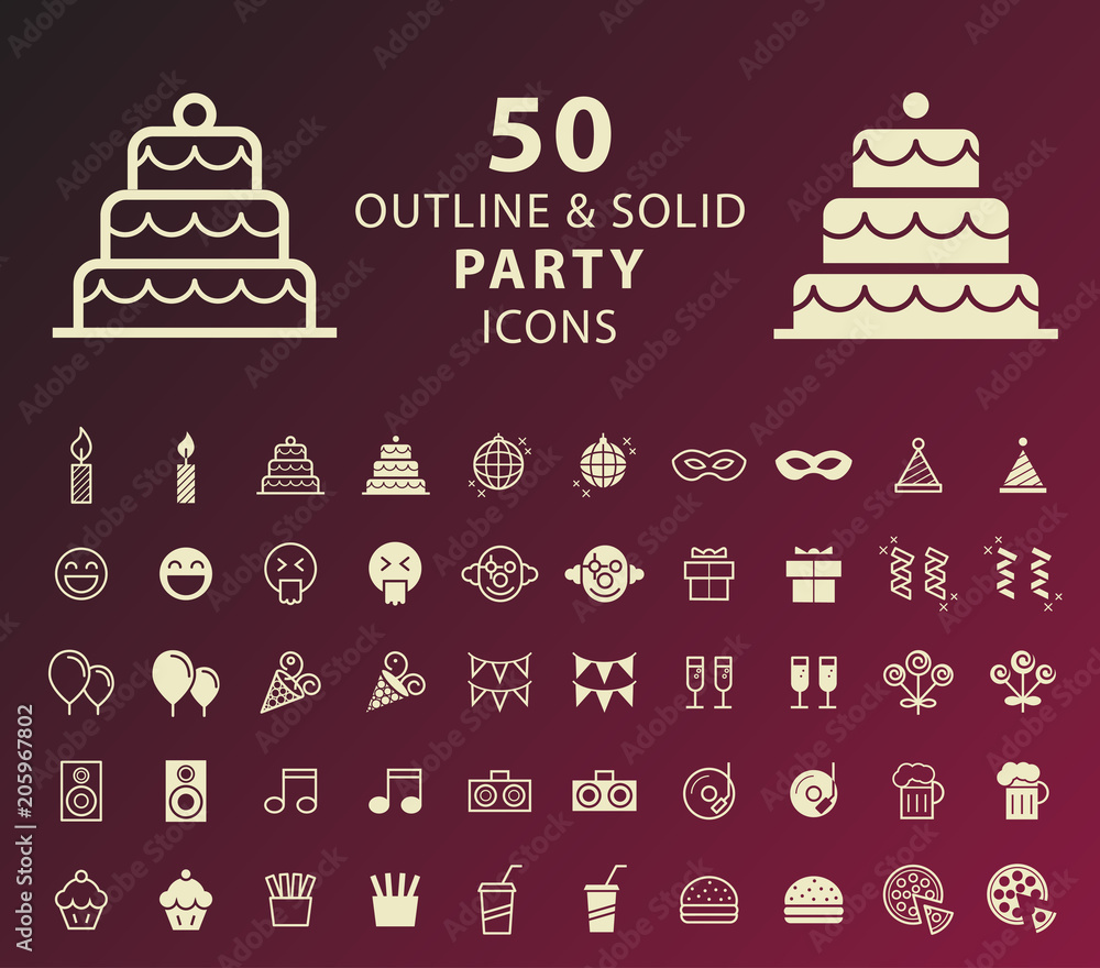 Poster set of 50 outline and solid party icons on dark background . isolated vector elements