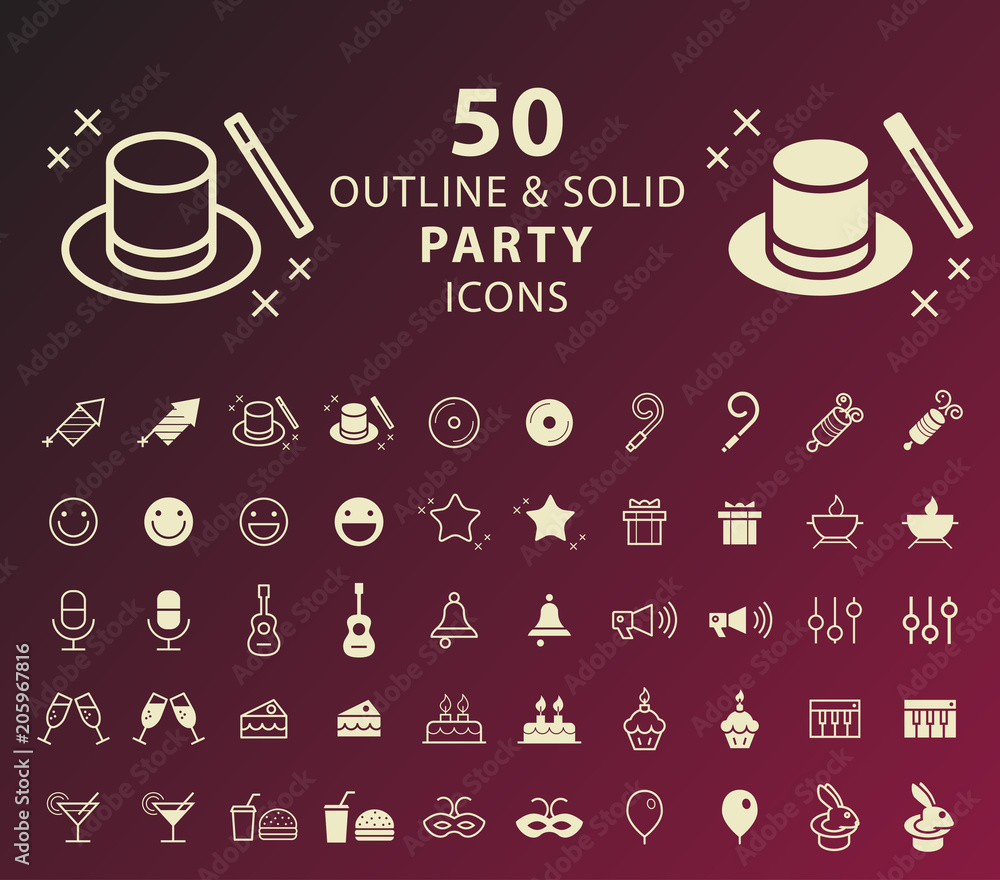 Poster set of 50 outline and solid party icons on dark background . isolated vector elements