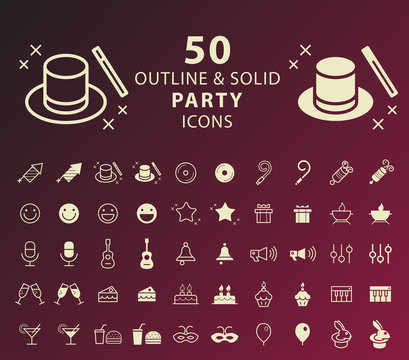 Set of 50 Outline and Solid Party Icons on Dark Background . Isolated Vector Elements