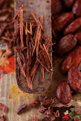 shredded chocolate and cocoa beans