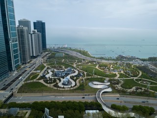 Beautiful aerial view of the  Chicago Millennium Park and Bean -The Cloud Gate Sculpture