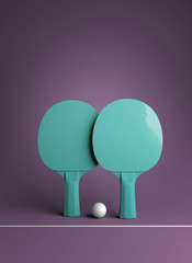 Two table tennis or ping pong rackets and ball tournament poster design 3d illustration rendering