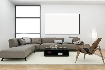 Modern bright interiors apartment with mockup poster frame 3D rendering illustration