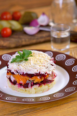 Russian snack. Herring under fur coat