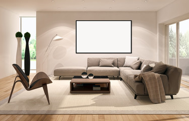 Modern bright interiors apartment with mockup poster frame 3D rendering illustration