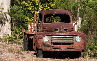 Fototapeta na wymiar Vintage abandoned rusty farm truck ute against green trees