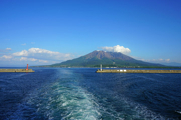 View of the Sakurajima (cherry blossom island), an active volcano seen from Kagoshima in Kyushu, Japan