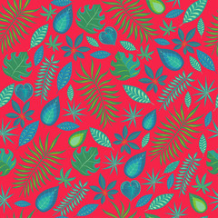 Pattern with tropical leaves on a red background. 