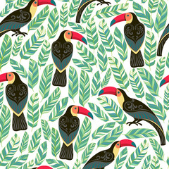 Decorative pattern with toucans, tropical  leaves