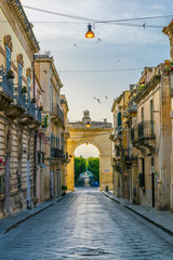 View of the Porta Reale o Ferdinandea in Noto, Sicily, Italy