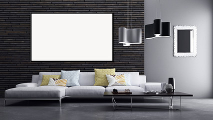 Modern bright interiors apartment with mockup poster frame 3D rendering illustration