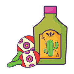 tequila bottle and maracas over white background, vector illustration