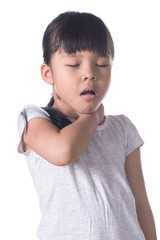 Little girl with sore throat touching her neck.Sore throat sick.Little girl having pain in her throat.