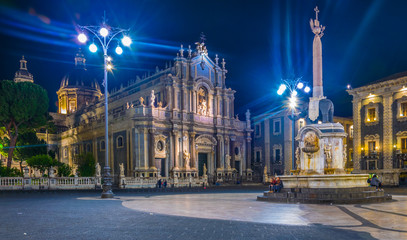 Night view of the cathedral of saint agatha and badia Agatha church in Catania, Sicily, Italy
