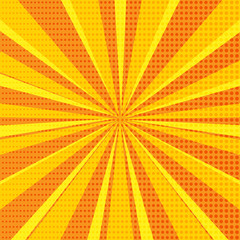 Fototapeta premium Pop art abstract background with bright orange sunbeams and halftone dots. Vector illustration