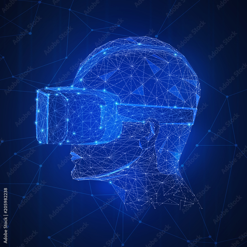 Poster virtual reality technology futuristic hud background. polygon human with 360 vr headset glasses of v