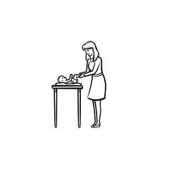A mother changing baby's diaper on a table hand drawn outline doodle icon. Newborn mother care vector sketch illustration for print, web, mobile and infographics isolated on white background.