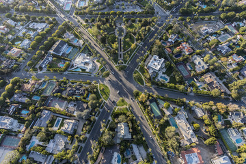 Aerial view of six way intersection at N Beverly Drive and N Canon Drive and Lomitas Ave in beautiful Beverly Hills, California.
