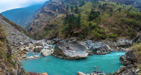 Fototapeta na wymiar Panorama of a mountain river in Nepal.