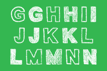 handwritten white bold chalk letter g, h, i, j, k, l, m, n on green background, hand-drawn chalk font, back to school concept, stock vector illustration