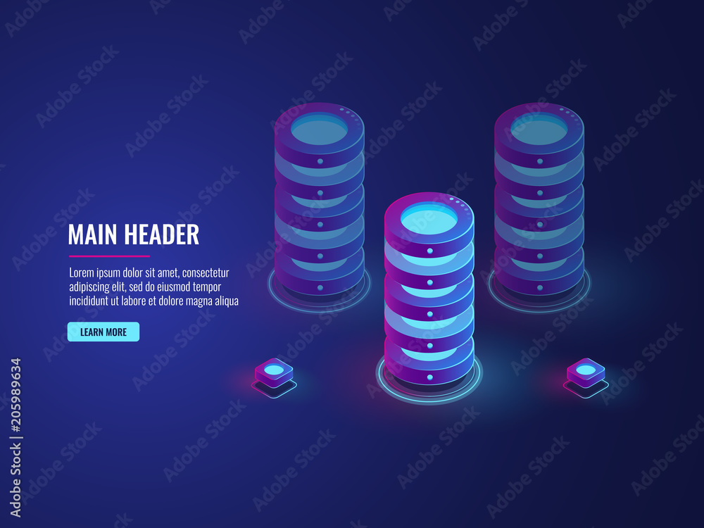Poster isometric database cloud storage concept, server room icon, bigdata processing vector dark ultra neo