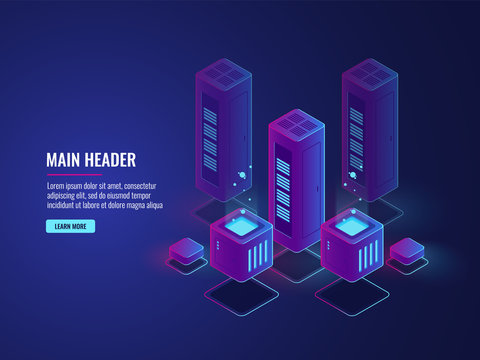 isometric server room, web hosting services conceptual banner, data encryption and protection center