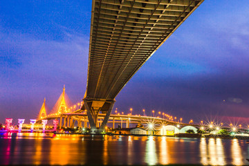 Fototapeta na wymiar Bangkok City - Beautiful sunset view of Bhumibol Bridge,landmark Thailand