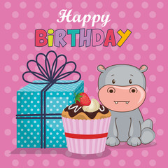 happy birthday card with cute hippo vector illustration design