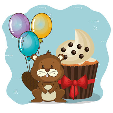 happy birthday card with cute beaver vector illustration design