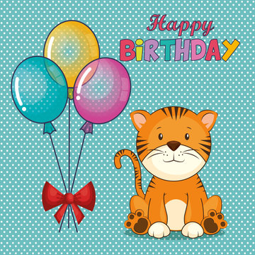 happy birthday card with cute tiger vector illustration design