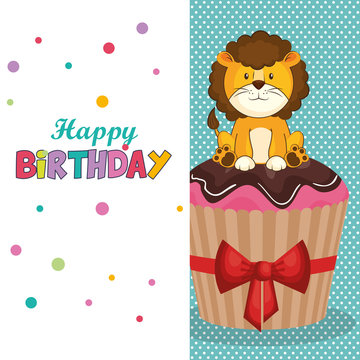 happy birthday card with cute lion vector illustration design