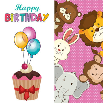 happy birthday card with cute animals vector illustration design