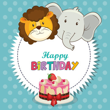 happy birthday card with cute animals vector illustration design