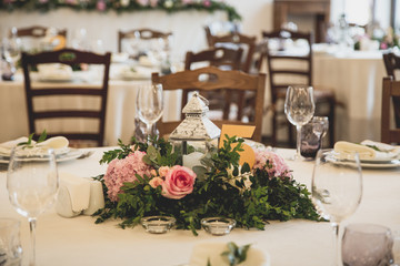 Luxury decorated dinner hall in white and brown tones