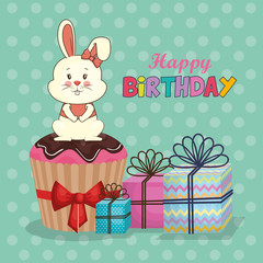 happy birthday card with cute rabbit vector illustration design