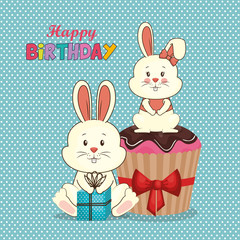 happy birthday card with cute rabbit vector illustration design