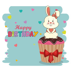happy birthday card with cute rabbit vector illustration design