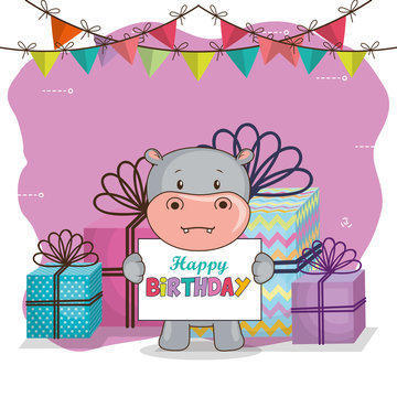 happy birthday card with cute hippo vector illustration design