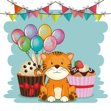 happy birthday card with cute tiger vector illustration design
